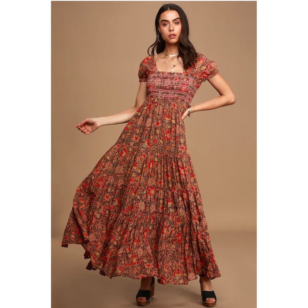 Free People Getaway Floral Maxi Dress Pleated Tiered Size L